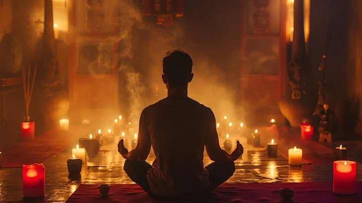 مدیتیشن مرد کنار شمع ها