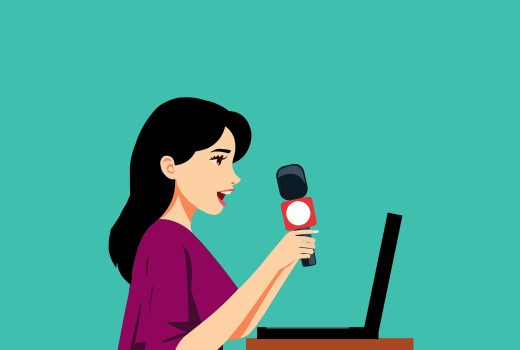 صحبت کردن دختر کارتونی با میکروفن و لپتاپ جلو