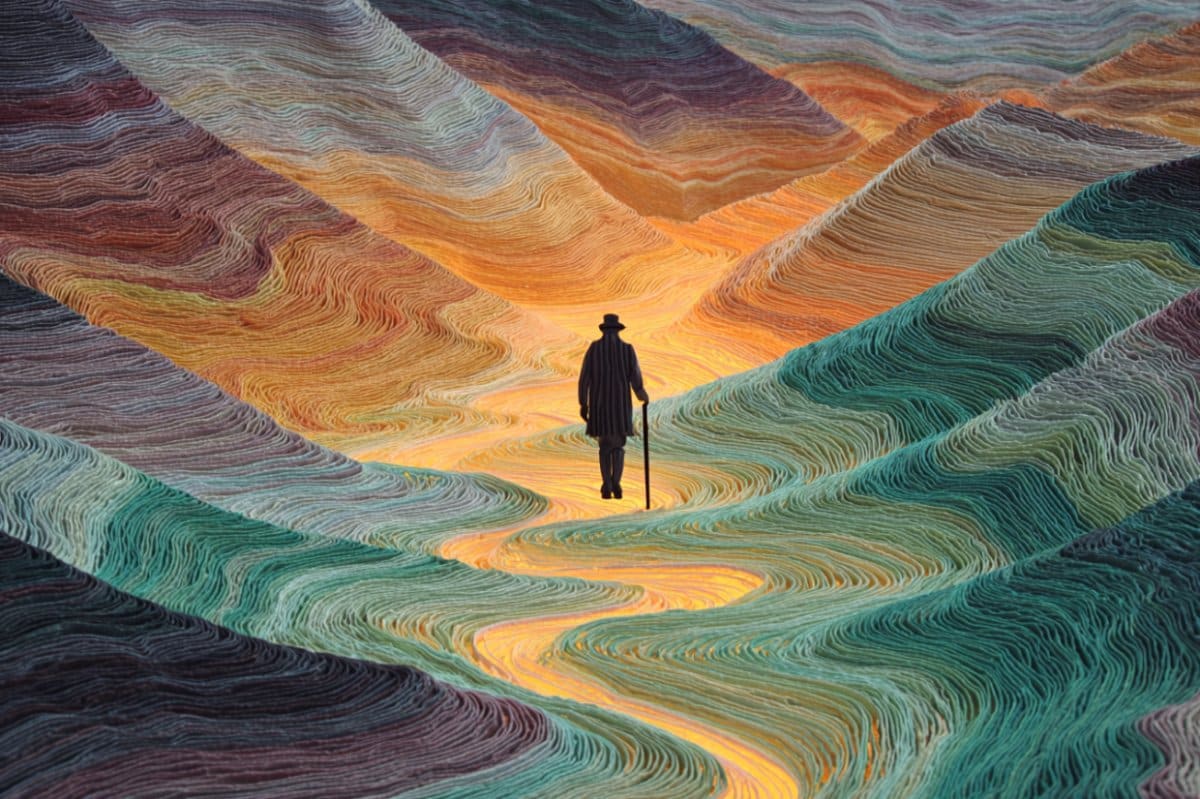 مقصد از خلقت انسان چیست؟_سیاه پوش 68 مرد با عصا در میان تپه های رنگی