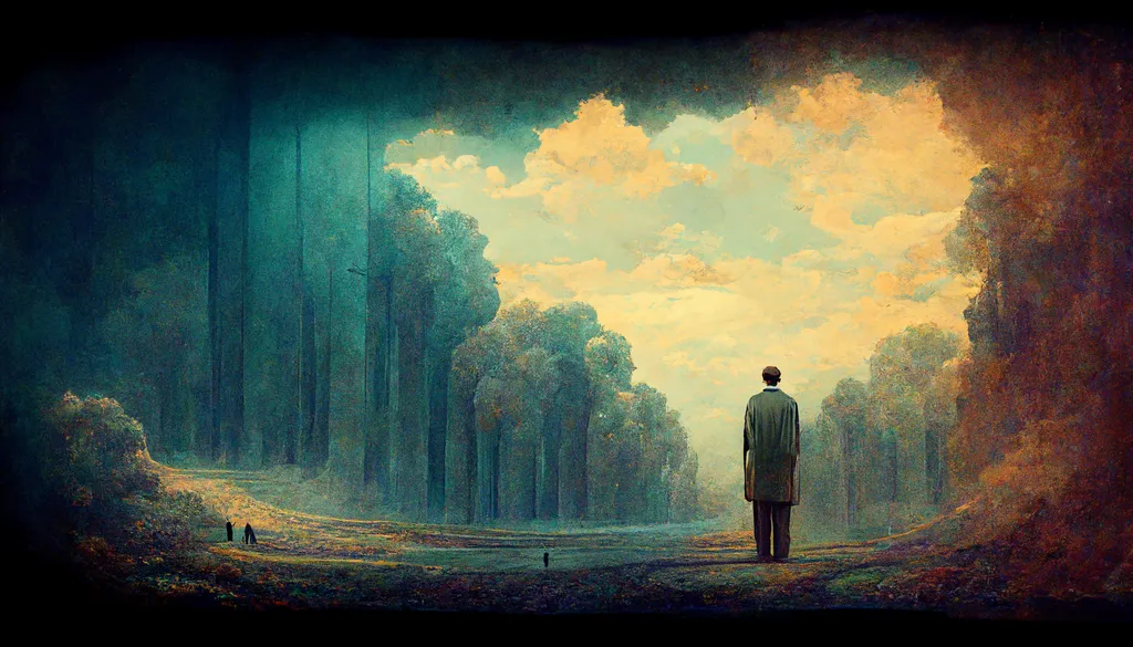 مقصد از خلقت انسان چیست؟_سیاه پوش 65 مرد در نمای نقاشی درختان سبز پاییزی و آسمان