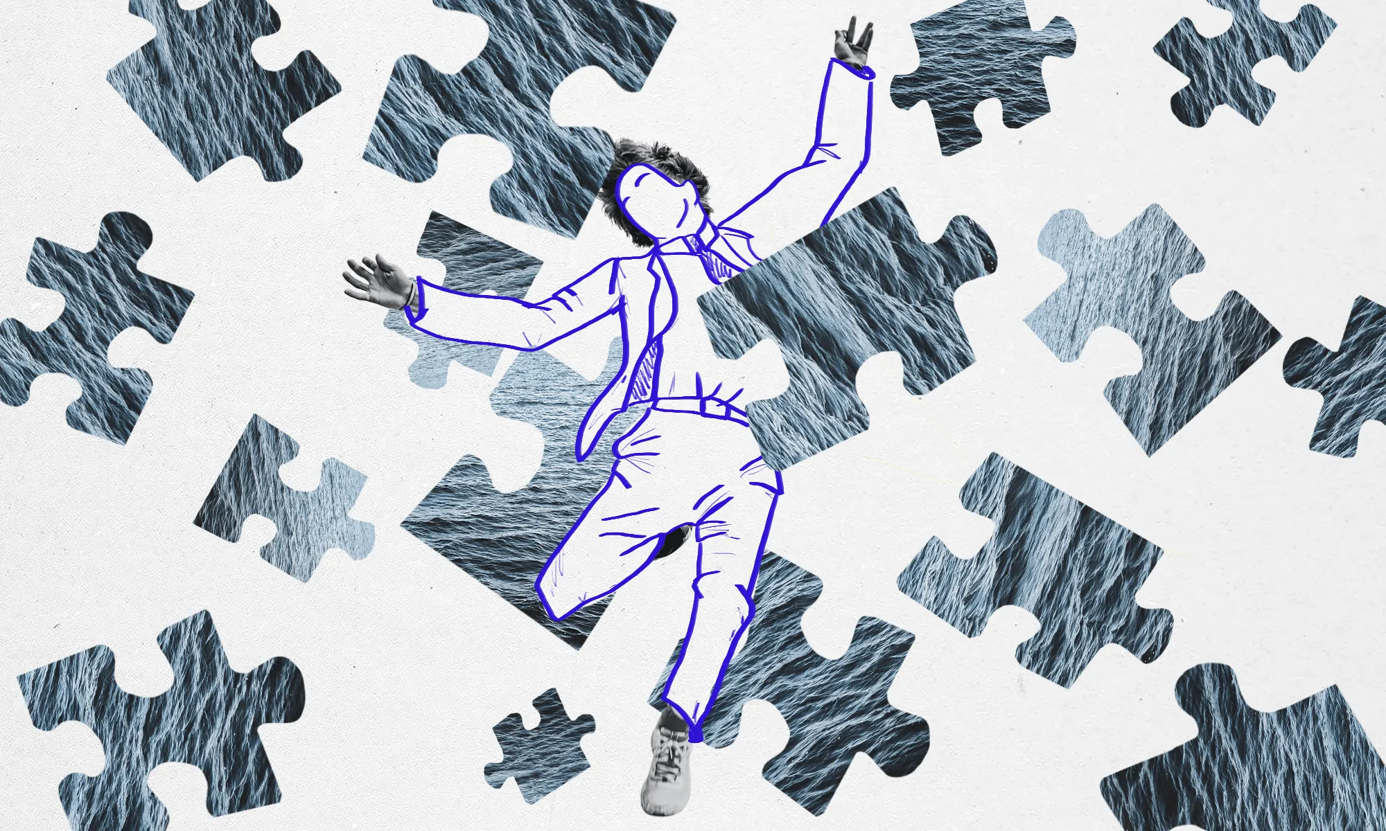 چطور مقصد خود را اشکار کنیم؟ راهنمای یافتن معنی در زندگی_سیاه پوش 19 اسکچ مرد رقصان وسط تکه های پازل